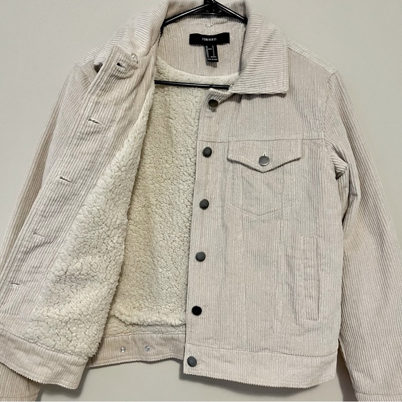 Sherpa Lined Corduroy Cream Trucker Jacket - Picture 3 of 5